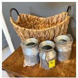 Galvanized Metal Milk Can Vases with Wicker Basket
