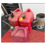 Lot of 3 Red Plastic Gas Cans and Charcoal