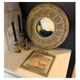 Ornate Gold Mirror and Framed Alpaca Art