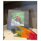 Framed Photo of Bear Cub and Wooden Fish Decor