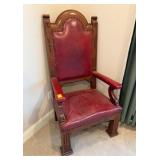 Antique Red Leather and Wood Armchair