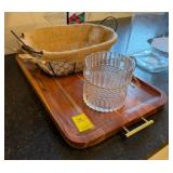 Large Wooden Serving Tray, Glass Pitcher, Basket