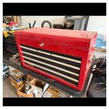 Red Metal Toolbox with Assorted Tools