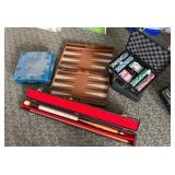 Backgammon Set, Poker Chips, and Pool Cues
