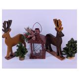 Wooden Deer w/Lantern etc