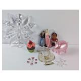 Ornaments: 1960s Barbie, Fonzie, Glass Pig etc