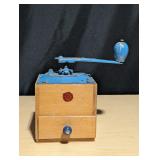 Vintage Wooden Coffee Grinder with Blue handles
