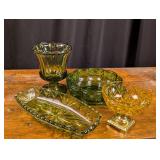 3 Green Glass Pieces, One Amber/Gold