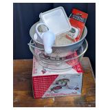 Vintage Colander, Fire King Dish and Measuring Cup