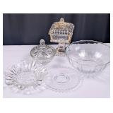 2 Pedestal Candy Dishes, 2 Plates, 1 Arcoroc Bowl