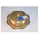 glass dish with silver plate tray and cover