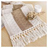 Boho Farmhouse Linen Table Runner with...