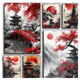 Samurai Warrior Red Moon Canvas Painting...