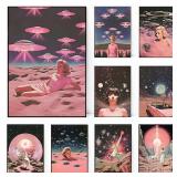 Vintage Psychedelic Pink Alien UFO with Woman...