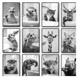 Black White Funny Bathroom Brushing Teeth...