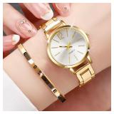 2PCS Women's Watch Fashion Gold Steel Band...