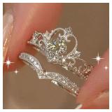 2PCS Fairy Sparkling Crown Rings for Women Teen...