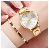 2PCS Women's Watch Fashion Gold Steel Band...