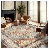$139 Washable Area Rug 9'x12' Red Khaki Retro Flow
