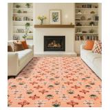 $93 YIHOUSE Orange Floral Washable Area Rug 8'x10'