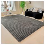 $90 Gray Rabbit Plush Striped Area Rug for Bedroom