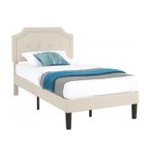 $145 Beige Upholstered Bed Frame, Metal Frame Twin