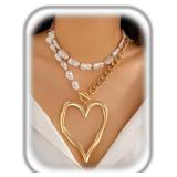 Chunky Heart Necklace for Women,Statement Charm Lo