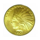 1907 $10 Wire Edged Gold Indian Head Coin MS 64