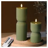 $36 Olive Green Ribbed Flameless Pillar Candles...