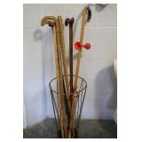 Mid Century Cane Holder w/ Canes & Walking Stick