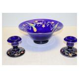 Hand Painted Cobalt Blue Glass Bowl & Candlesticks