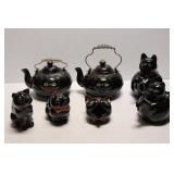 Redware Cat Teapots, Creamer, Ashtray