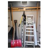 Long Handled Tools & Step Ladder on back wall