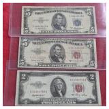 Three 1953 US Banknotes $5 Blue Seal Silver