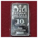 10oz .999 Fine Silver Bar Republic Metals Corp