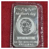 1oz .999 Fine Silver Bar Vintage 1984 Mother's day