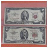 1953 & 1953A Red Seal $2 US Banknotes