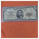 1929 Federal Reserve of Boston US $5 Banknote