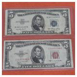 1953 Blue Seal $5 US Silver Certificate & Red Seal