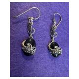 Black Onyx/Marcasite Dangle Earrings 925
