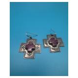 Navajo Sterling Cross Earrings Purple Stone Inlay