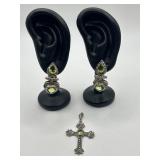 925 Peridot Gemstone Dangle Earrings and Cross