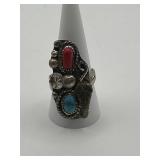 Navajo Size 9.5 Sterling Turquoise and Coral