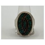 925 Size 12 Navajo Turquoise and Coral Inlay Ring