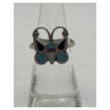 925 Zuni Size 5.5 Turquoise and Coral Butterfly