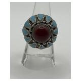Size 8 925 Red Coral and Turquoise Statement Ring