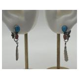 925 Red Coral and Turquoise Dangle Feather