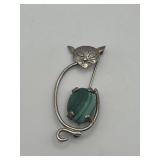 925 Malachite Jelly Belly Cat Brooch 1.5in