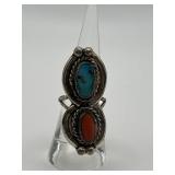 Size 7 925 Red Coral and Turquoise Stacked Ring