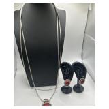 925 58in Red Stone Pendant Necklace and Earring